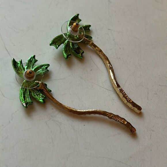 Sugarfix Green and gold tone palm tree rhinestone dangle statement earrings - Picture 5 of 9
